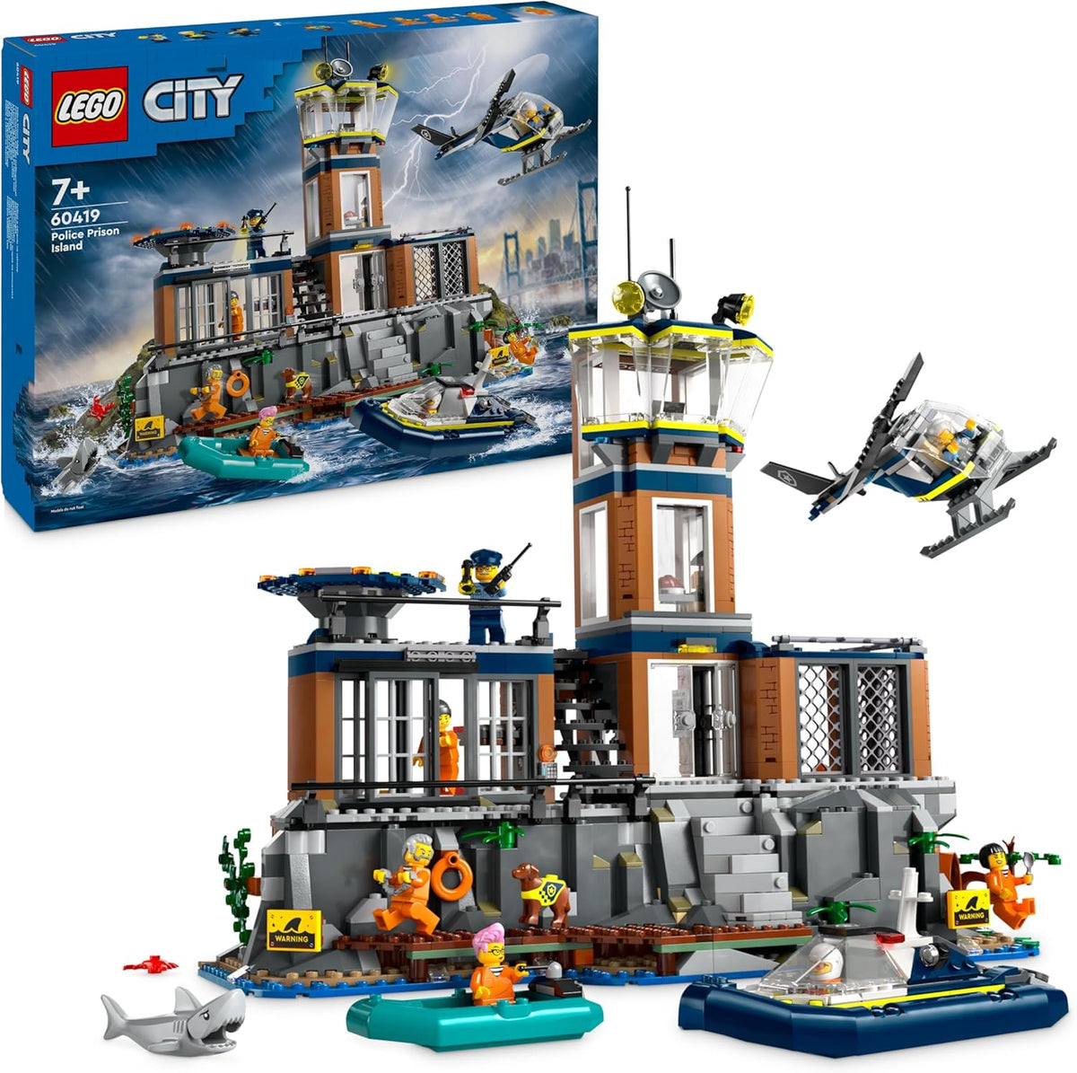 LEGO City Polizeistation auf der Gefängnisinsel, Polizeispielzeug mit Hubschrauber, Stiefel und Hai, Set mit 7 Minifiguren und Hund, Geburtstagsgeschenk für Jungen und Mädchen ab 7 Jahren 60419