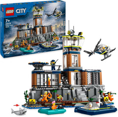 LEGO City Polizeistation auf der Gefängnisinsel, Polizeispielzeug mit Hubschrauber, Stiefel und Hai, Set mit 7 Minifiguren und Hund, Geburtstagsgeschenk für Jungen und Mädchen ab 7 Jahren 60419