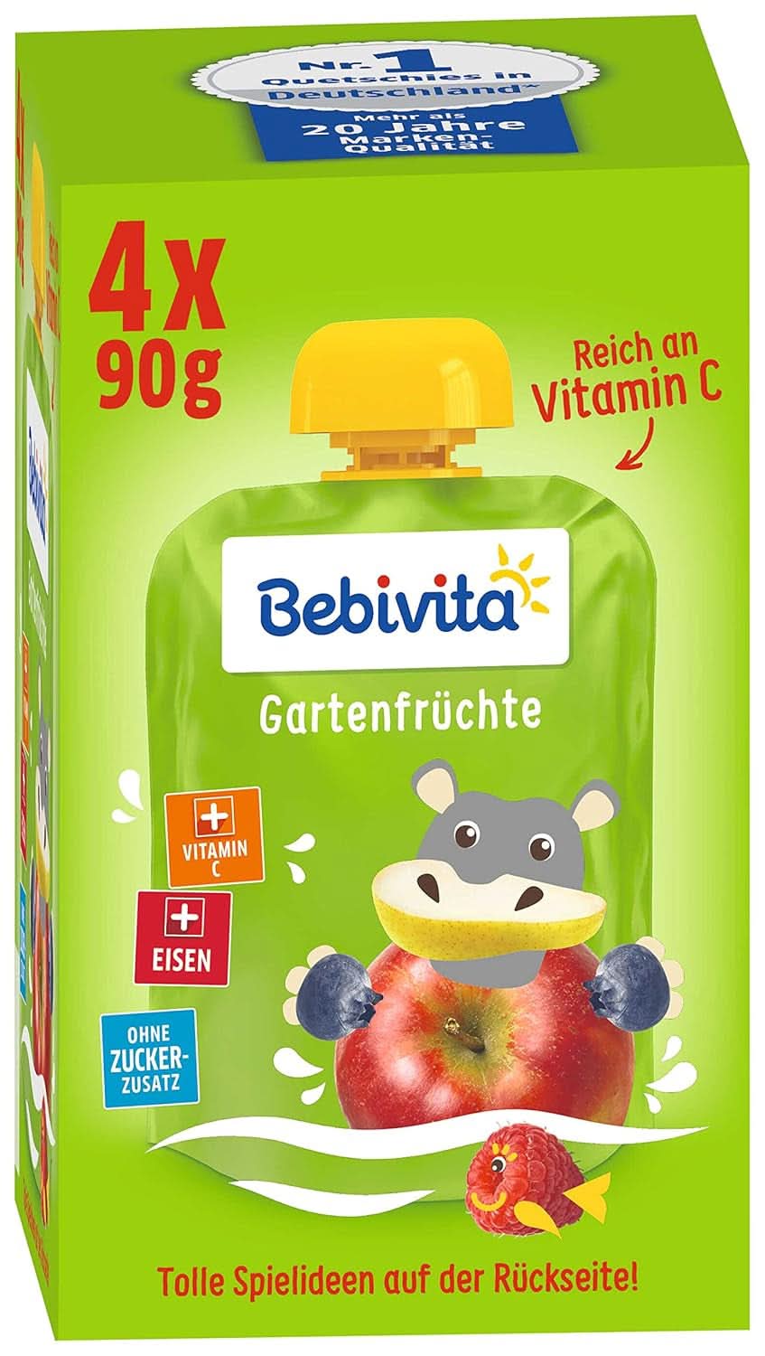 Lustige Früchte und Müsli für Kinder, ganz in Äpfel-Bananen, 4er-Pack (4 x 90 Gramm) Mutter und Kind Naty Shop Gartenfrüchte