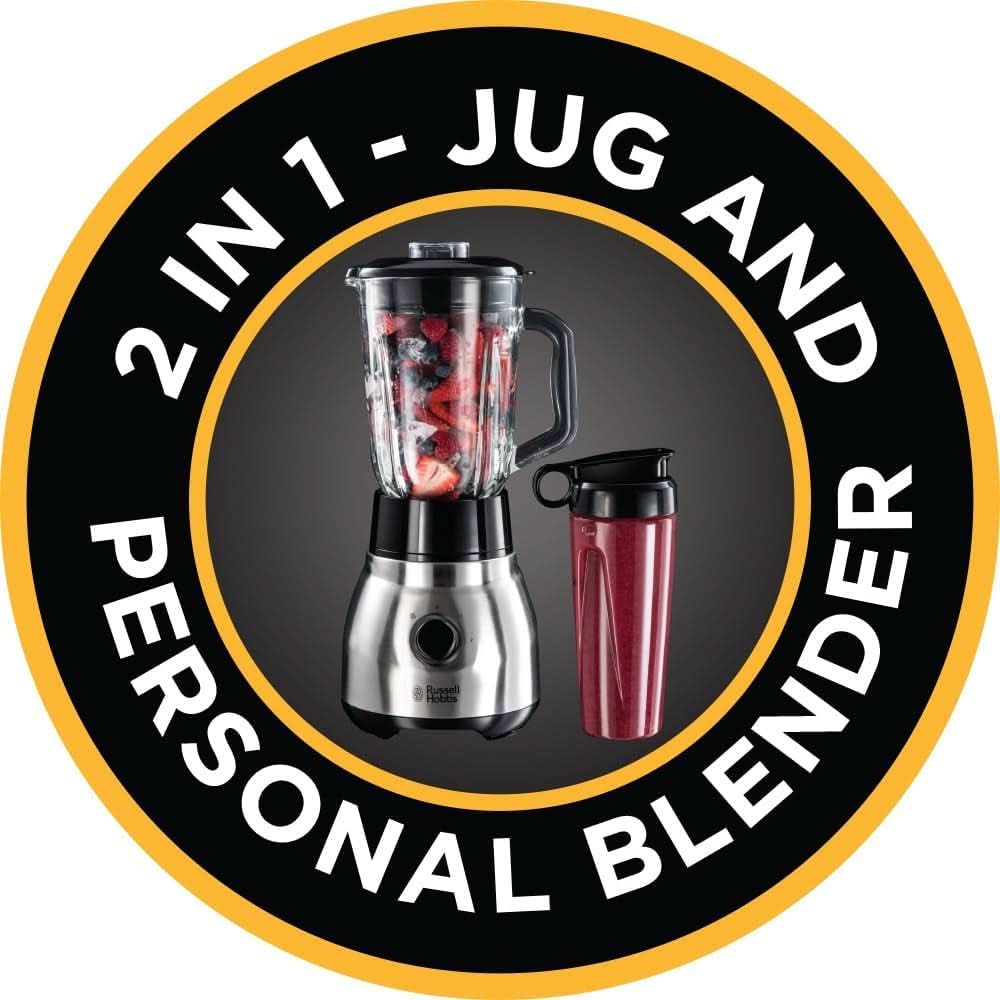 Russell Hobbs Standmixer 2-in-1 [1,5L Glasbehälter Mixer & 0,6L Mini Smoothie Maker -To-Go-Trinkflasche inkl. Deckel] Spülmaschinenfest, Impuls-/Ice-Crush-Funktion, Becher BPA Frei, Edelstahl 23821-56 Kitchen Naty Shop