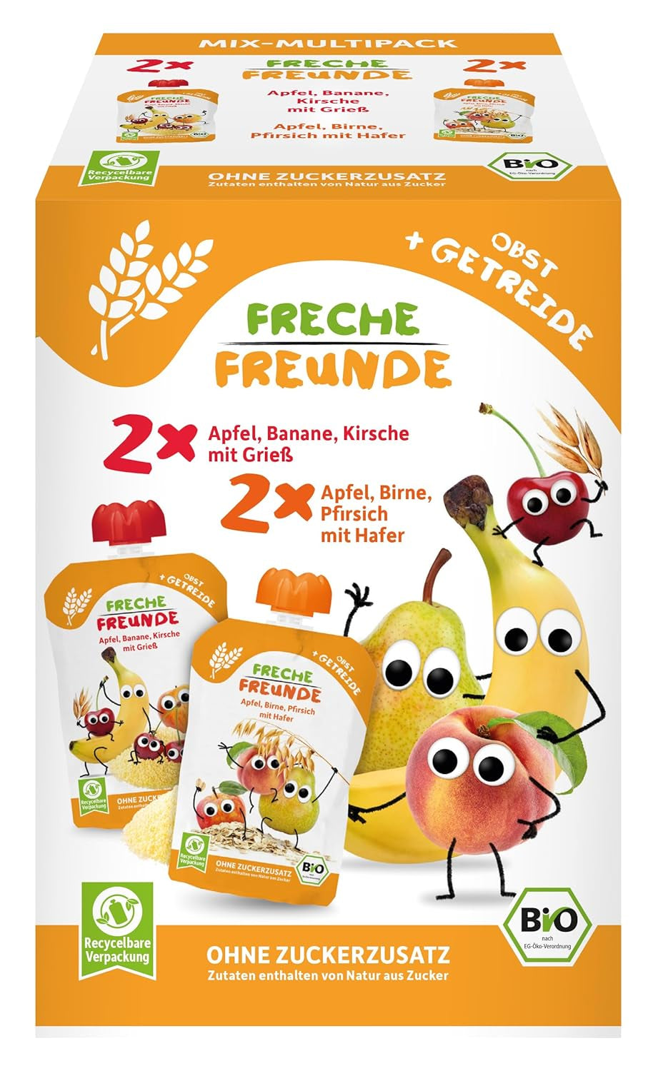 FRECHE FREUNDE Bio-Mix im Multipack Quetschbeutel – Früchte + Cerealien, Fruchtpüree mit Müsli im Quetschbeutel für Babys ab 6 Monaten, vegan, 3er Pack, 3 x (4 x 100g)