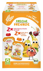 FRECHE FREUNDE Bio-Mix im Multipack Quetschbeutel – Früchte + Cerealien, Fruchtpüree mit Müsli im Quetschbeutel für Babys ab 6 Monaten, vegan, 3er Pack, 3 x (4 x 100g)