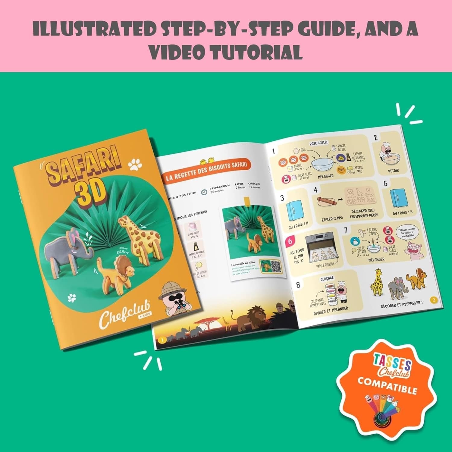 Chefclub Kids - Forme de biscuiți 3D Safari – Creați biscuiți originali cu copiii dumneavoastră – Leu, Elefant, Girafă