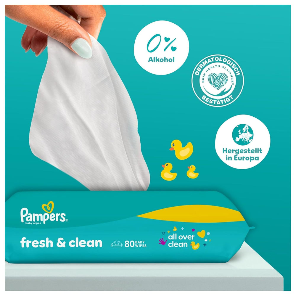 Pampers Fresh Clean Feuchttücher, 15 Packungen mit 80 Tüchern, insgesamt 1200 Tücher, leichter Duft, auch für Hände und Gesicht geeignet