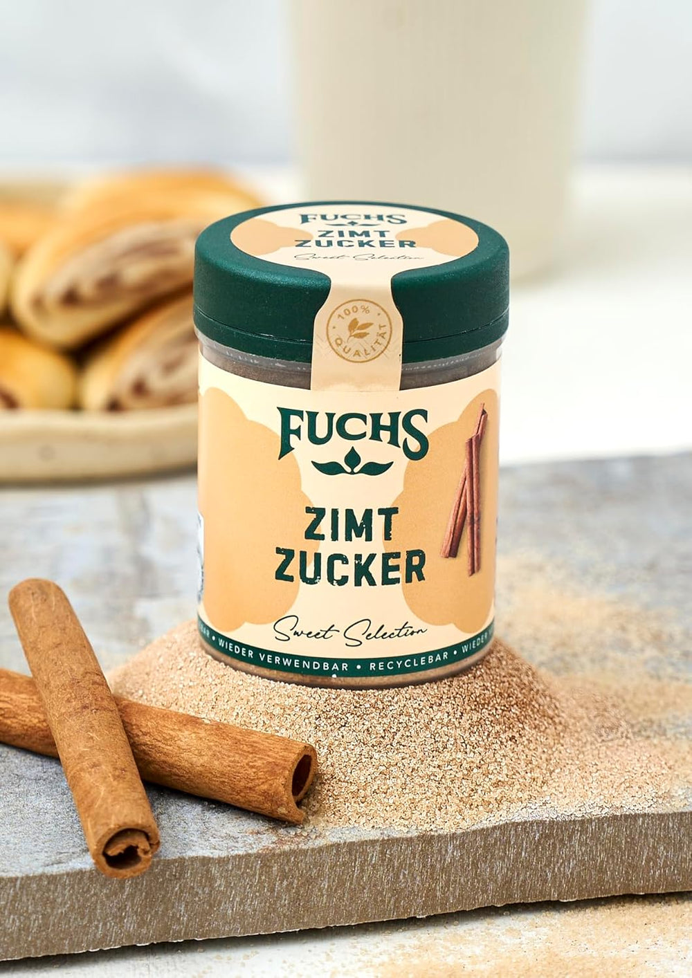 Fuchs Gewürze - Zimt Zucker - Klassisches Gewürz für Milchreis, Pfannkuchen oder Waffeln - aus natürlicher Zutat - 100 g in wiederverwendbarer, recyclebarer Dose