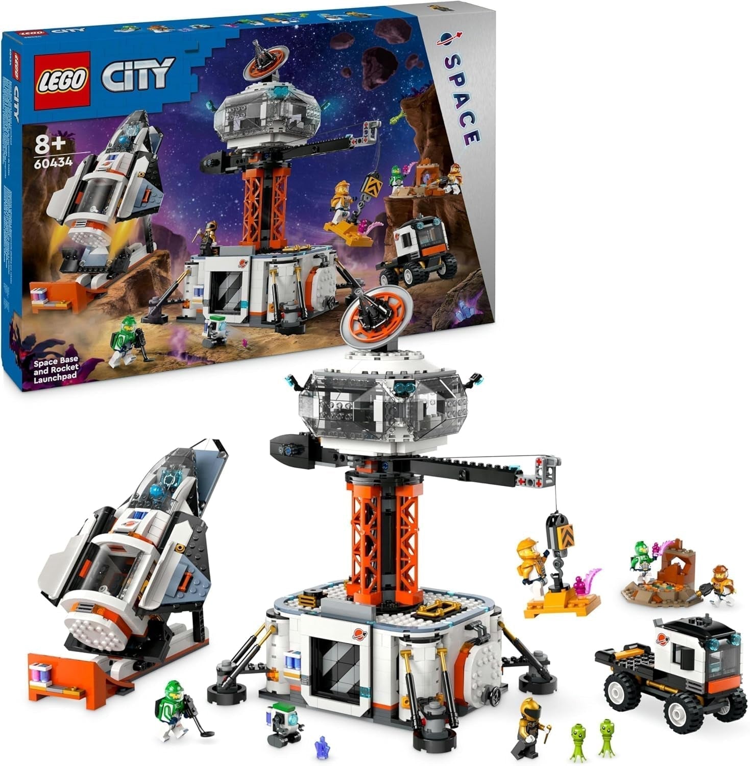 LEGO City Space Base cu rampa de lansare, stație spațială de jucărie cu vehicul spațial și navă spațială pentru copii, set cu 6 minifigurine, roboți și extratereștri, cadou pentru băieți și fete 60434 Seturi de constructie Besuche den LEGO-Store Singur