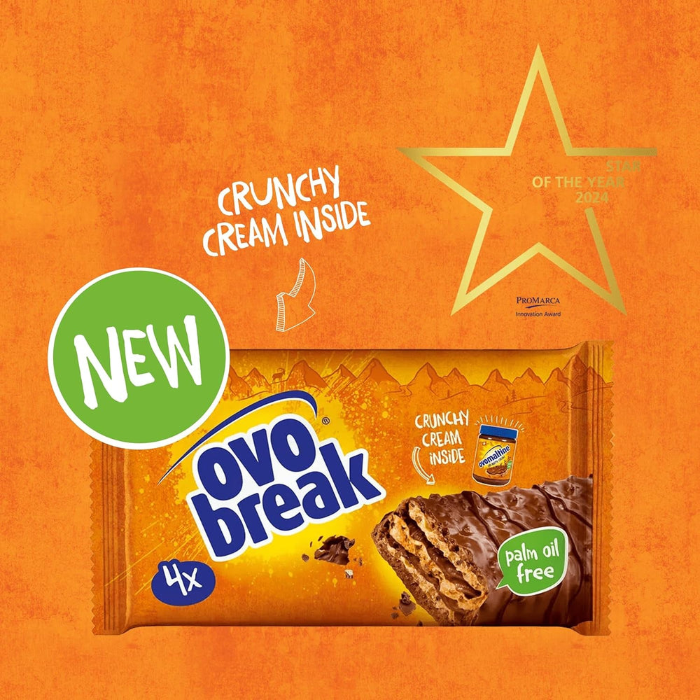 Ovomaltine OVO BREAK Napolitană și Baton de Ciocolată - o gustare crocantă cu gustul inconfundabil al popularei noastre Creme Crocante, natural fără ulei de palmier (4 x 39g)