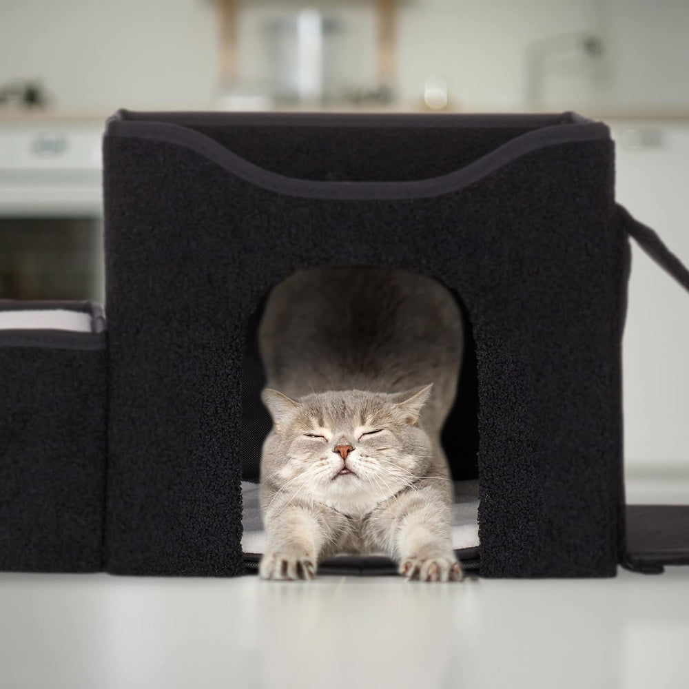 Relaxdays Katzenhöhle, faltbar, 3 Liegeplätze, Katzenhaus mit Kratzfläche, HBT: 36,5x112x41 cm, Katzenversteck, schwarz