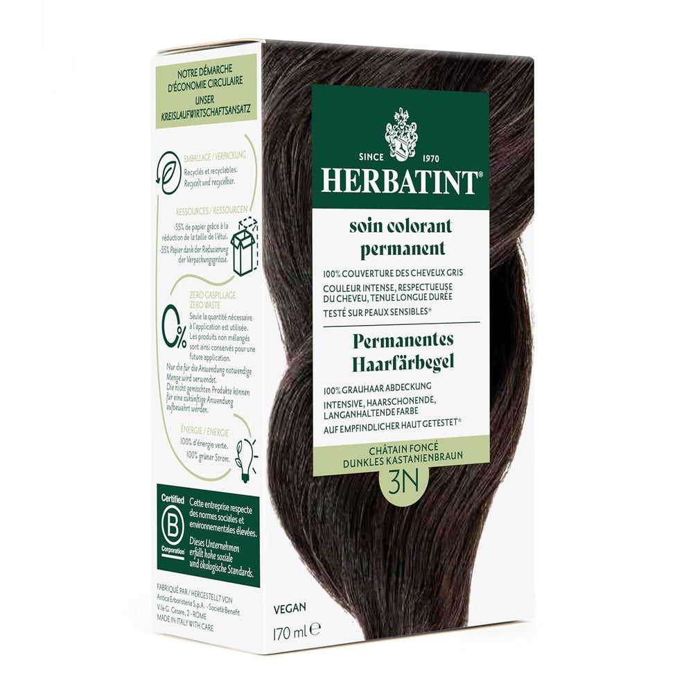 Gel pentru vopsirea permanentă a părului 6N blond închis - 170 ml I Fără amoniac, acoperire 100% a părului gri I Testat pe piele sensibilă, cu 8 extracte de plante Vopsea pentru par Naty Shop 3N Castaniu închis