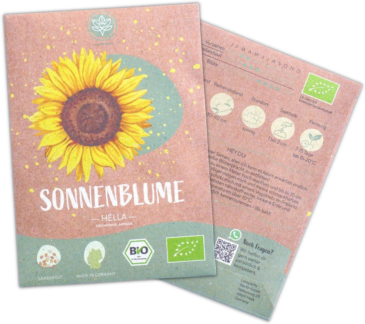 Bio-Sonnenblumenkerne, verzweigt, 20 Sonnenblumenkerne mit hoher Keimrate, Sonnenblumenkerne für den Garten, Balkon, Blumenbeet oder Gastgeschenk. Frei bestäubte Blumensamen.