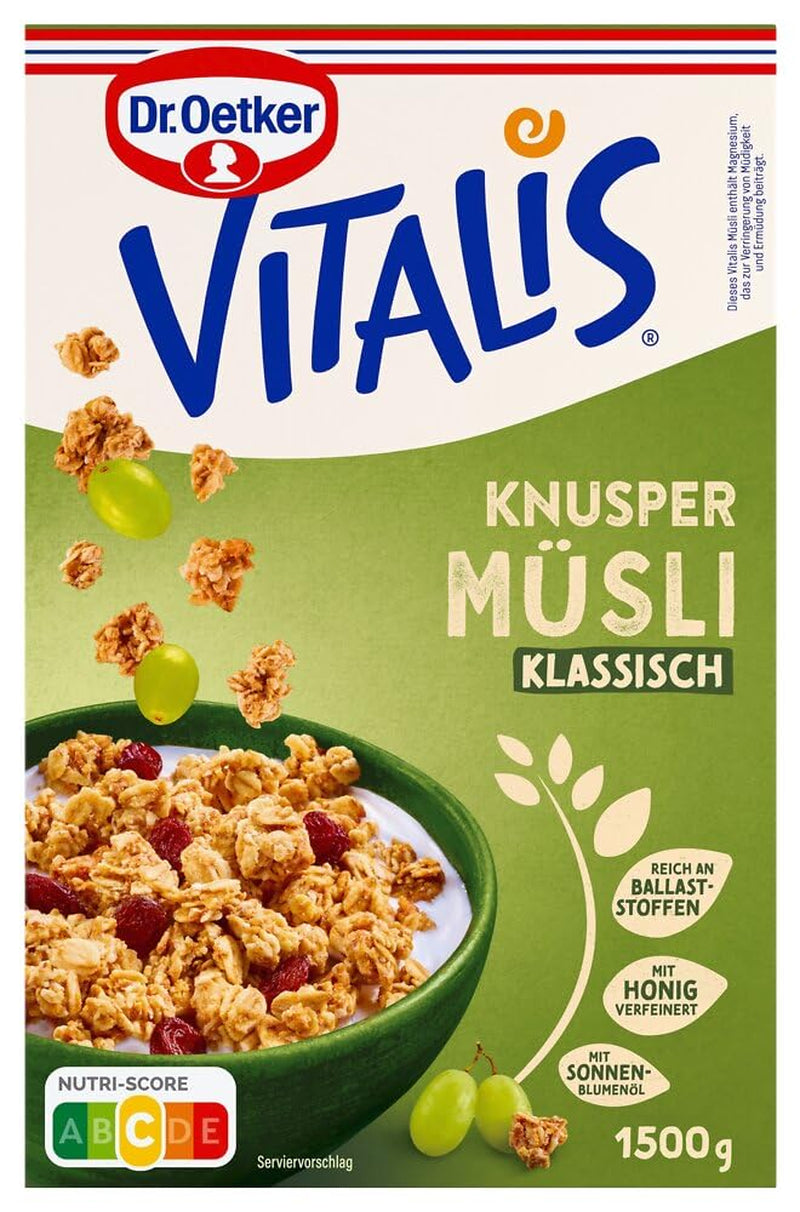 Dr. Oetker Vitalis Classic Knuspermüsli: Großpackung knuspriges Frühstücksmüsli mit Rosinen, 1 Packung, 1,5 kg