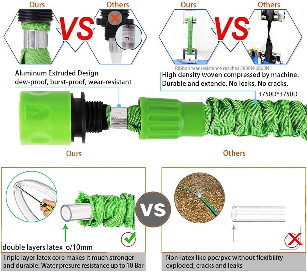 Furtun de grădină extensibil 30 m, furtun flexibil de apă de 100 ft cu duză de pulverizare cu 8 jeturi, furtun retractabil etanș, rezistent cu conectori de 3/4" și 1/2" (30 m, verde)
