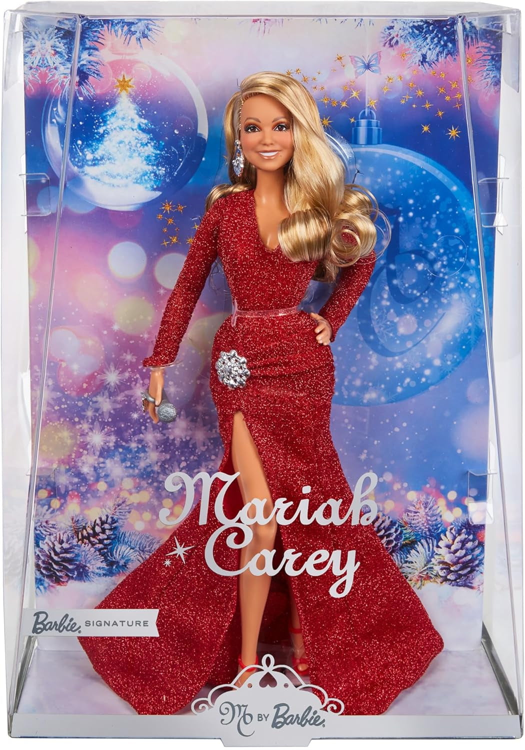 Barbie Mariah Carey - Păpușă de colecție cu rochie roșie strălucitoare, volane, crăpătură, bucle fermecătoare, accesorii argintii, tocuri roșii înalte, tradiție de Crăciun, decor, HJX17