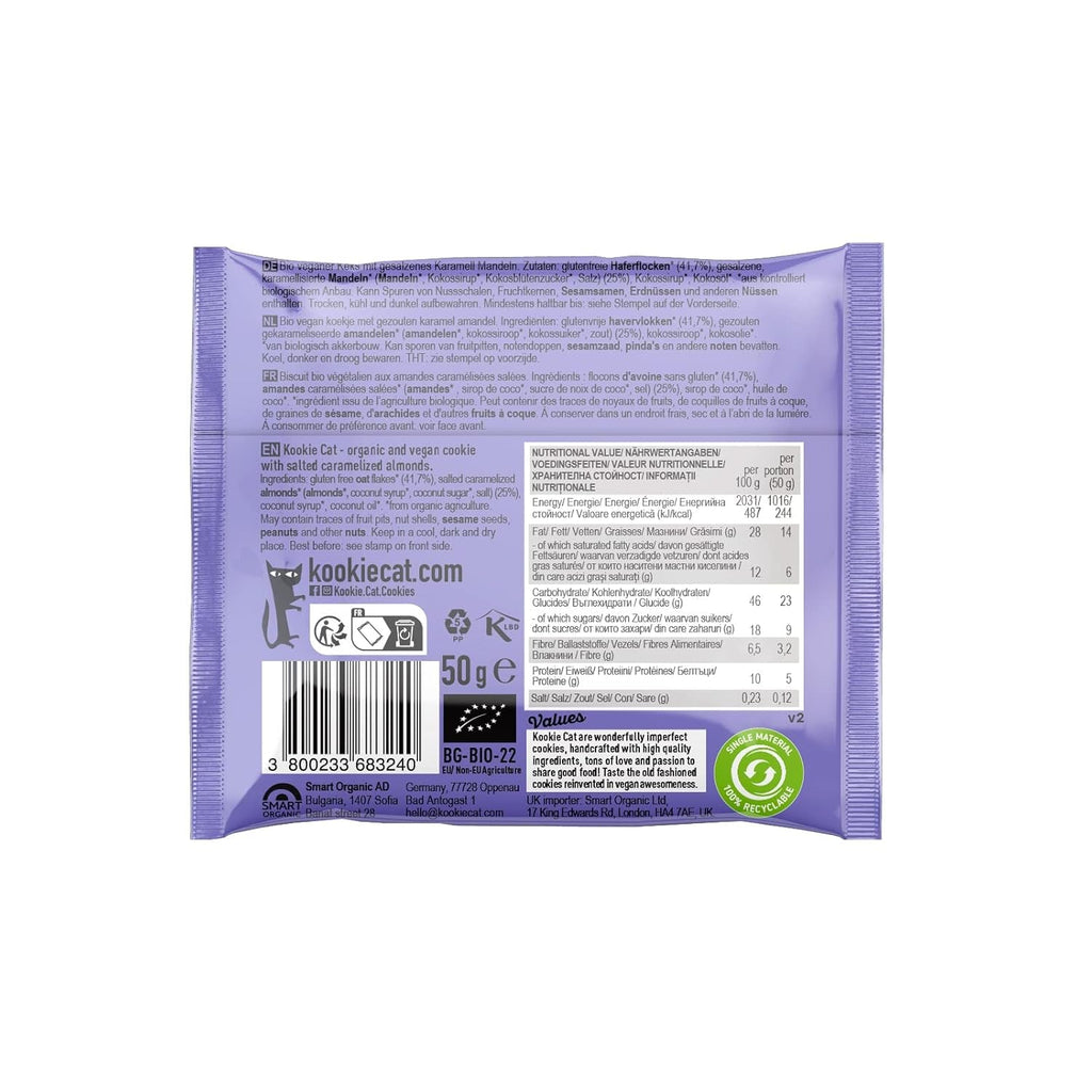 Fursecuri vegane cu caramel sărat și migdale - Ambalate individual, fără gluten, fără soia, organice, cu migdale și ovăz - Pachet multiplu de 12 x 50g (pachet de 2)