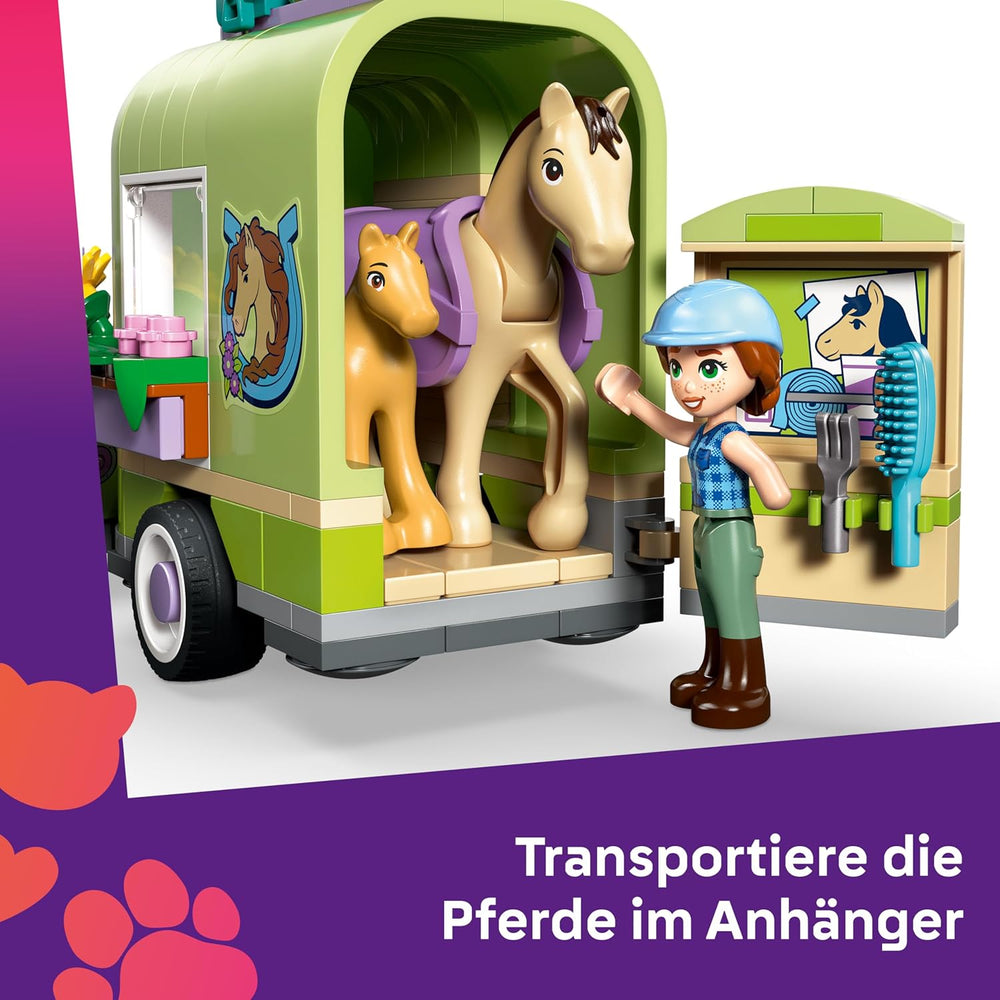 LEGO Friends Pferd und Fohlen mit Pferdeanhänger – Pferde Spieleset mit Pflegezubehör, 4 Tierfiguren, Auto & 2 Mini Puppen – Geschenkeidee zum Geburtstag für Mädchen ab 7 Jahren – 42695