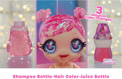 MGA Glitter Babyz – LILA WILDBLOOM – Babypuppe mit 3 magischen Farbwechseln durch eiskaltes Wasser – mit lila Glitzerhaaren, Wildblumen-Outfit, Windel, Flasche und Schnuller – für Kinder ab 3 Jahren