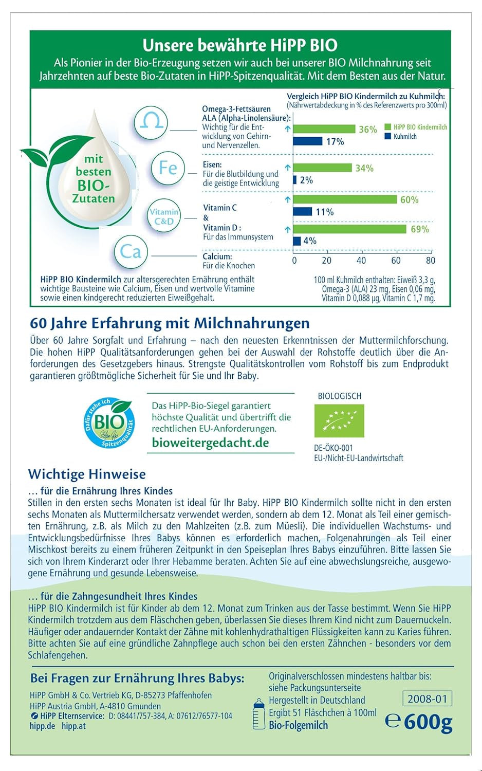 HiPP Bio-Wachstumsmilch (4 x 600 g) nach 12 Monaten mit Kalzium, Eisen, Vitamin C und D für heranwachsende Kleinkinder, beste Bio-Qualität