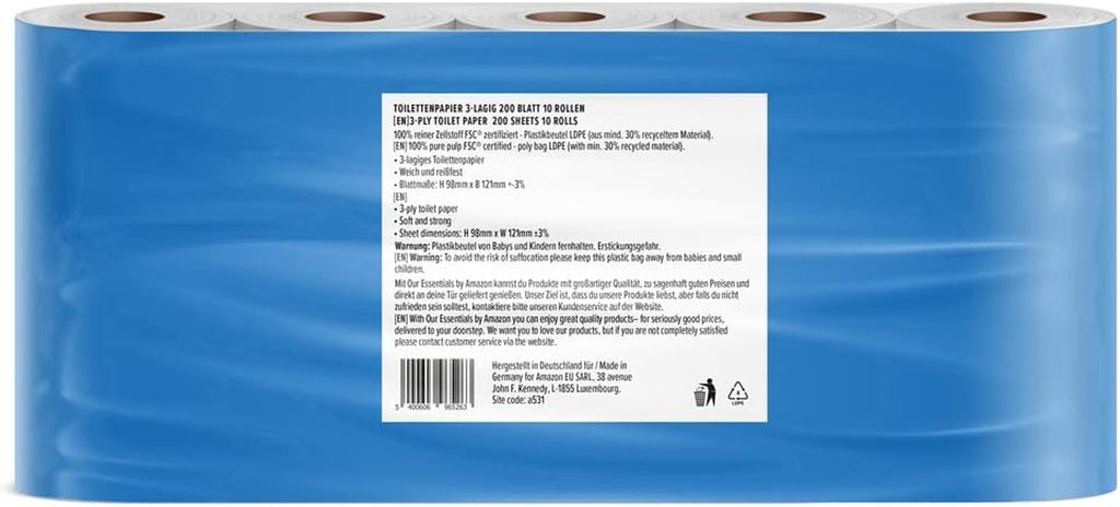 By Amazon Hârtie igienică, 3 straturi, 10 role (10 role, 1-pachet) 200 de foi per rolă, certificată Fsc