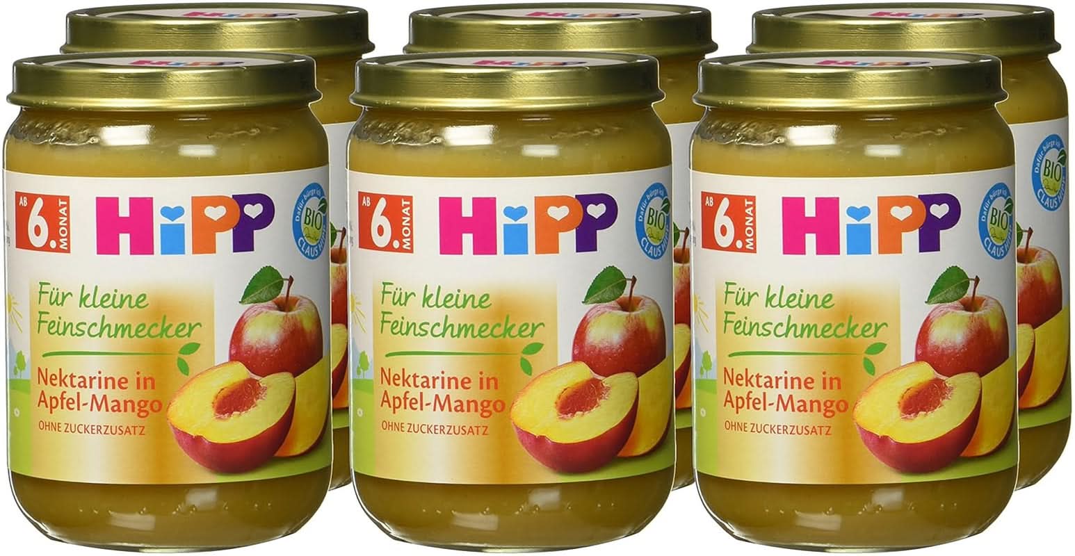 Hipp für kleine Feinschmecker, Nektarinen in Äpfeln und Mangos, ohne Zuckerzusatz, 6 x 190 Gramm Mutter und Kind Naty Shop