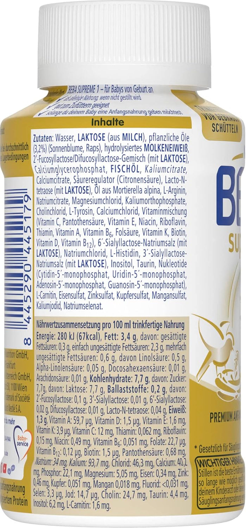 BEBA Nestlé BEBA SUPREME 1 Säuglingsmilch: trinkfertige Flaschen mit Omega 3, 4er Pack (1 x 200 ml)
