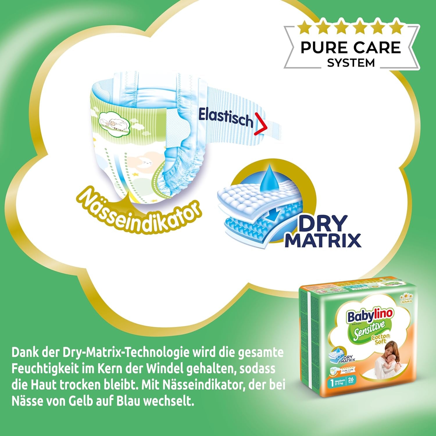 Sensitive Babywindeln, Größe 1, Neugeborene (2-5 kg), 26 Stück