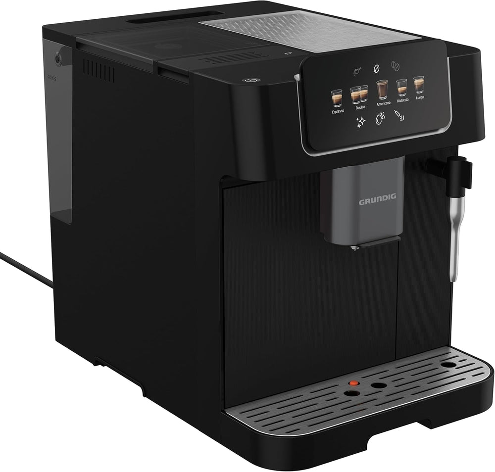 Espressor complet automat GRUNDIG KVA 6230 cu spumator de lapte, râșniță din oțel inoxidabil cu 13 setări de măcinare, recipient boabe 250 g, rezervor de apă detașabil de 2 litri, presiune pompă 19 bar, afișaj tactil, negru