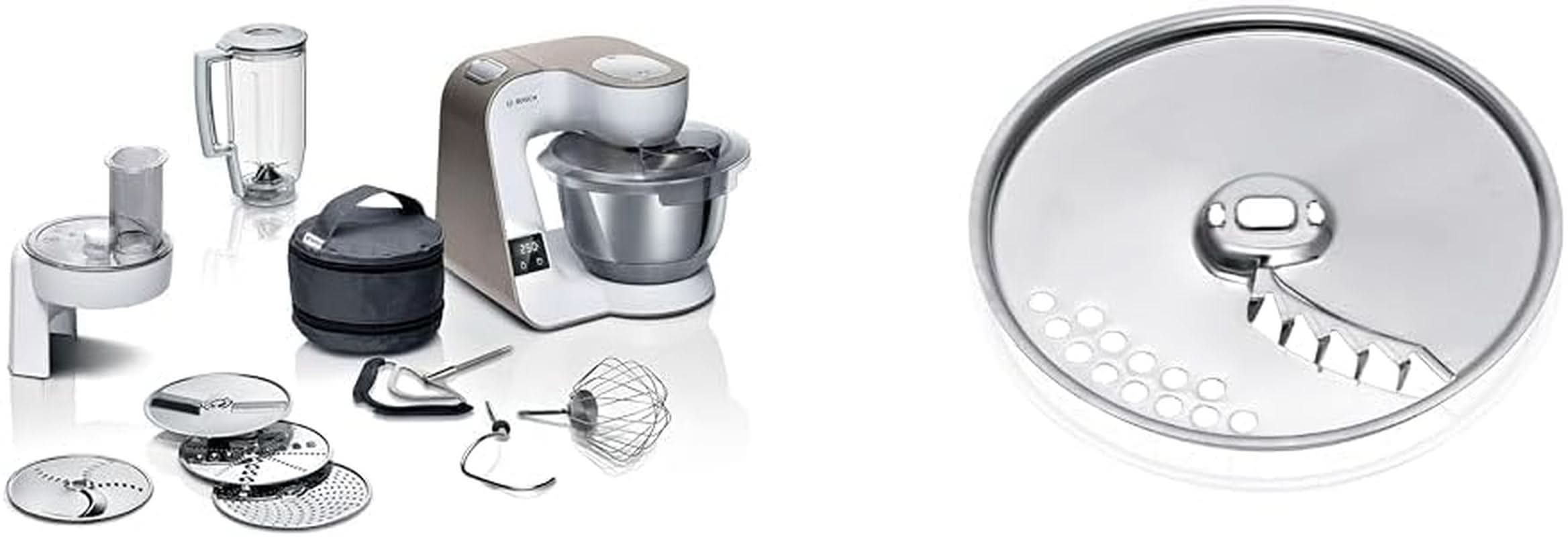 Bosch Serie 4 MUM5X720 Küchenmaschine, integrierte Waage, Edelstahlschüssel 3,9 l, Mixer 1,25 l, 1000 W Zubehör Essen und Stillen Bebe Naty Shop Disc-Pack Champagnerweiß 2 Zubehörteile