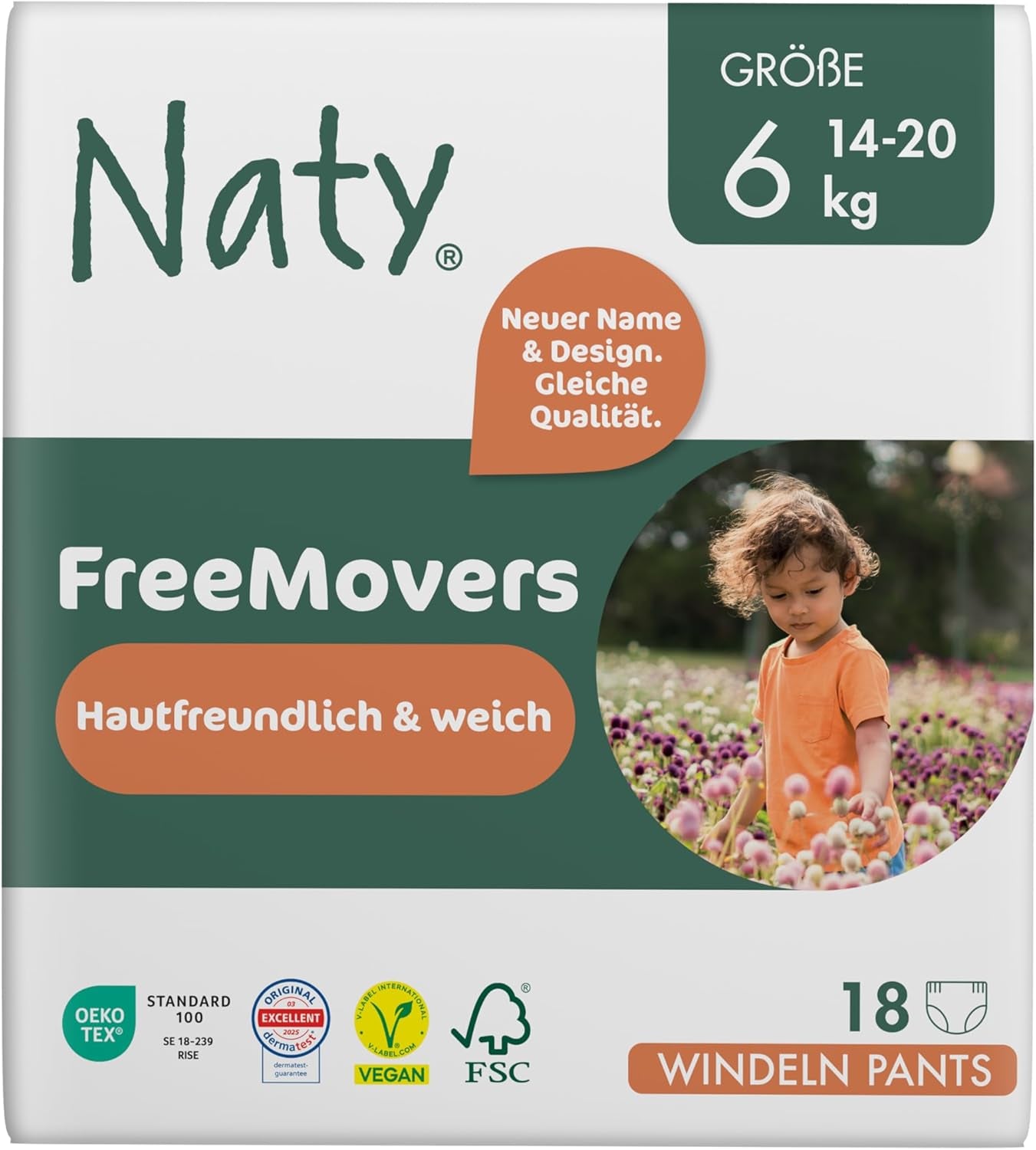 Naty FreeMovers Babywindeln | Zertifizierte hautfreundliche Windelüberhosen | Weich und parfümfrei | Saugfähig und auslaufsicher | Dermatologisch getestet Größe 5 (12–18 kg) | 80 Stück