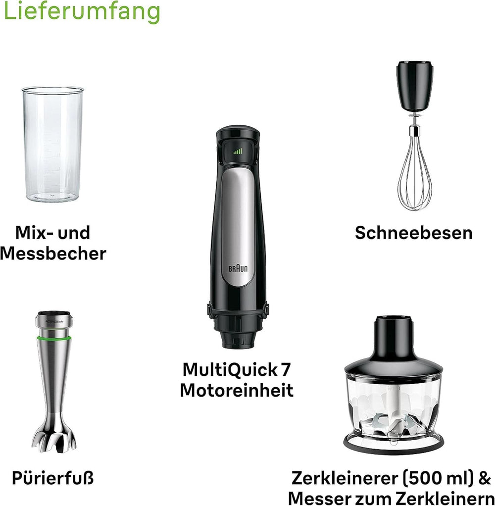 Braun Multiquick 7 MQ 7035X Stabmixer - Pürierstab Mit abnehmbarem Edelstahl Mixfuß Mit Activeblade Technologie Zum Pürieren Der Härtesten Ingredient, Inkl. 3-teiliges Zubehörset, 1000 Watt, Schwarz Kitchen Naty Shop