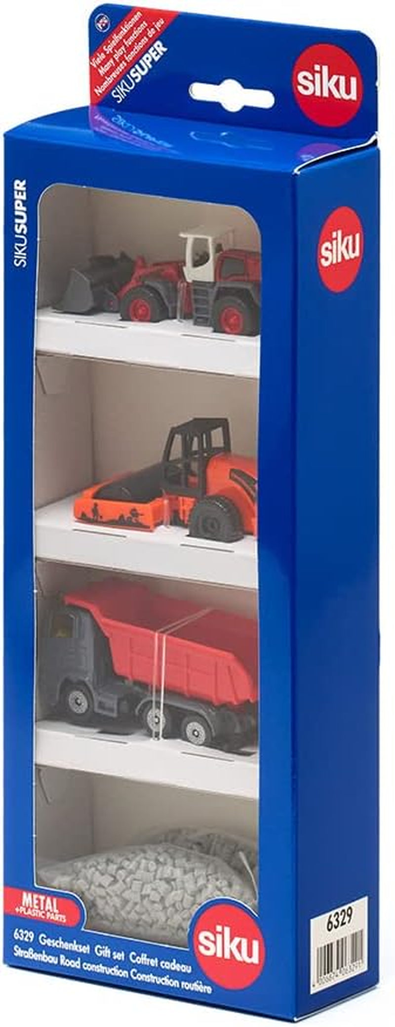 siku 6329, Geschenkset Straßenbau, Muldenkipper, Liebherr Radlader, Straßenwalze, Bewegliche Teile, Inkl. Granulat
