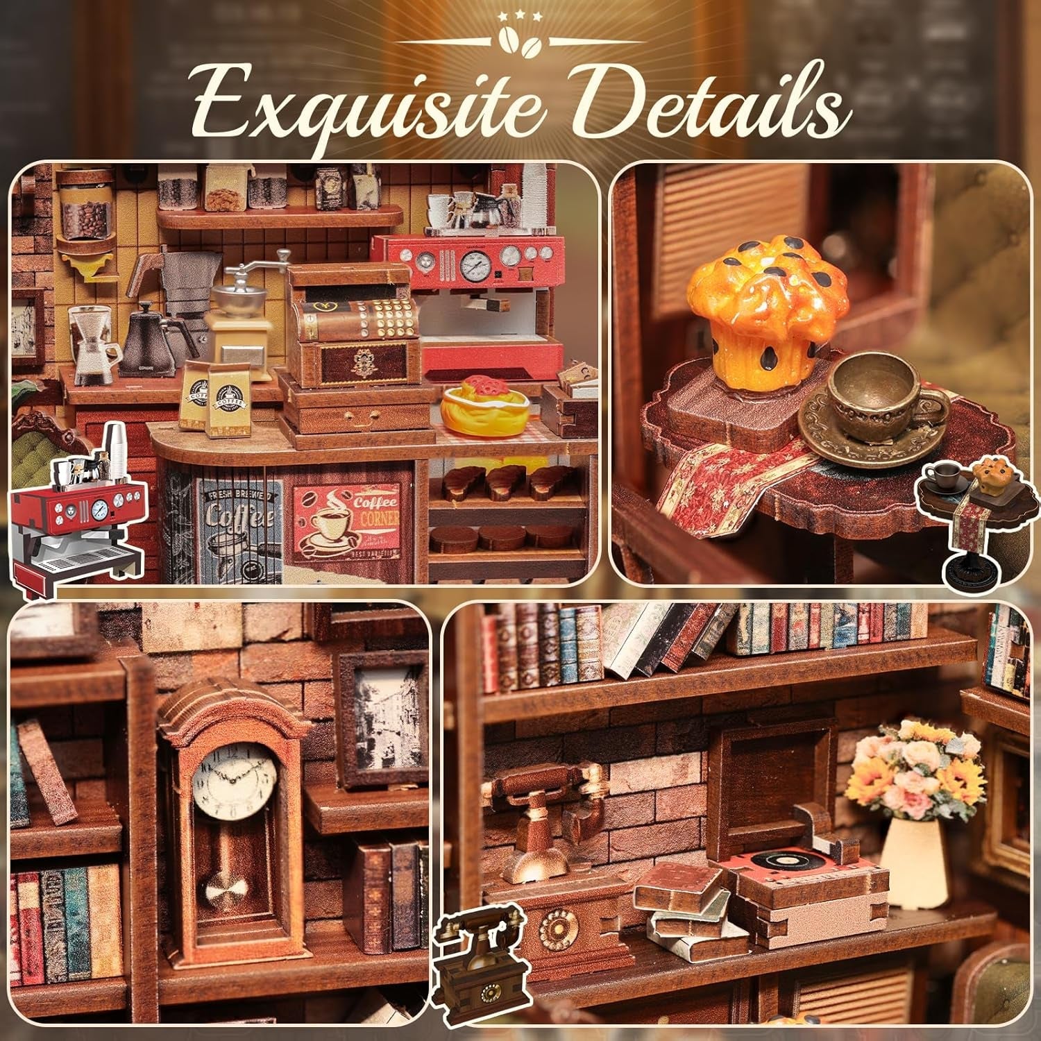 Kit Colț de Cărți CUTEBEE – Căsuțe de Păpuși DIY, Kit de Construit Căsuțe Miniatură pentru Adulți cu Lumină LED, Puzzle 3D din Lemn și Suport de Cărți – Decorațiune Raft de Cărți și Cadou (Cafeneaua din Colț)