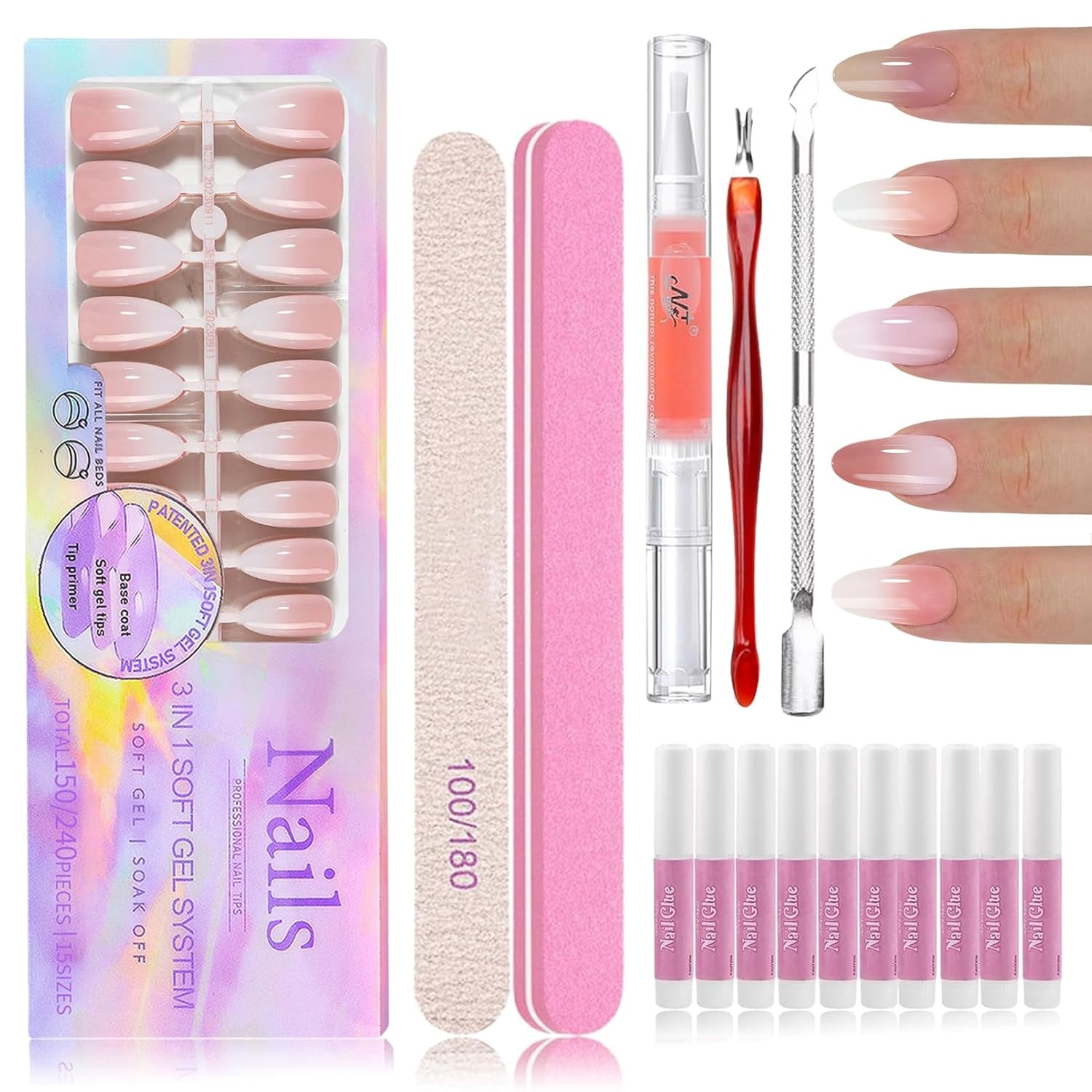 Kit 150 bucăți unghii false gradient - 5 culori design ombre unghii artificiale autoadezive - acoperire completă pentru femei și fete - unghii false lucioase pentru manichiură DIY (pătrat)