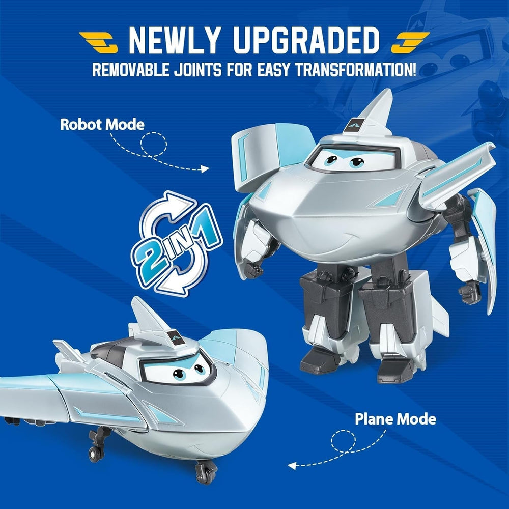 Super Wings Transformationsflugzeug Supercharged Traver, ca. 12,7 cm große Kinderspielfigur Spielzeugflugzeug und Roboterfigur für Jungen und Mädchen ab 3 Jahren Silberne Actionfiguren Naty Shop