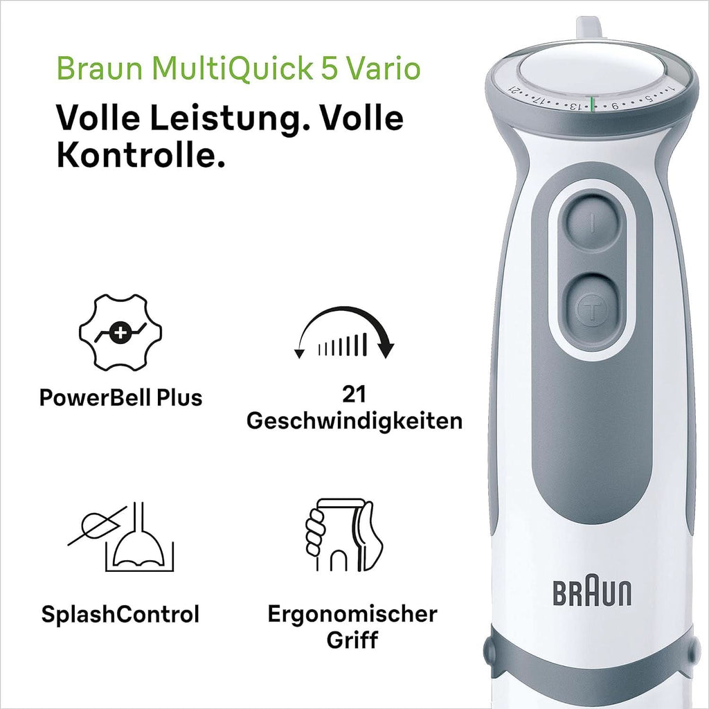 Braun Stabmixer MQ 5200WH - Multiquick 5 Vario Pürierstab Mit Edelstahl Mixfuß, 1000 Watt, Inkl. 600 Ml Mix- & Messbecher, Weiß/Grau Bucatarie Naty Shop