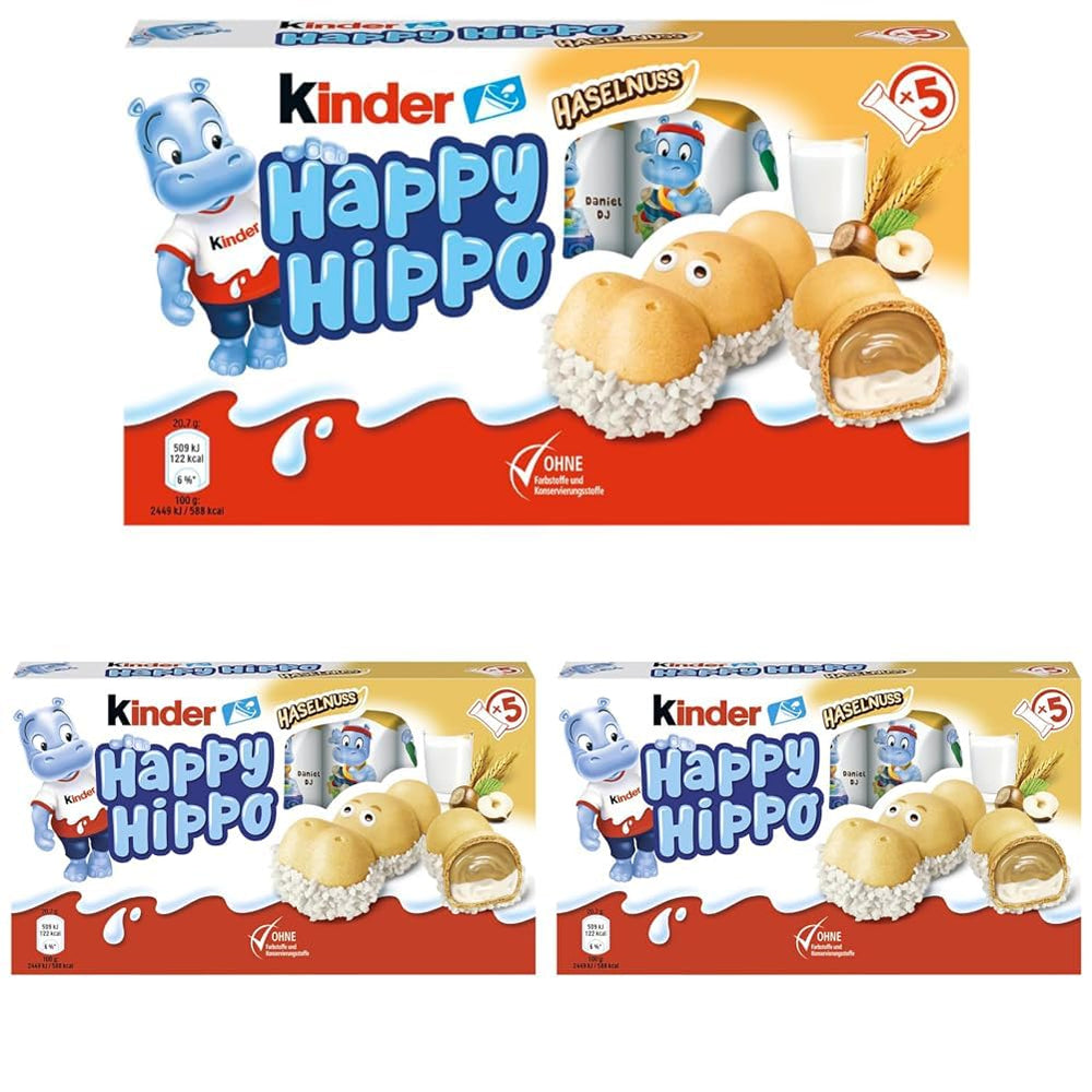 Kinder Happy Hippo Haselnuss – Knusprige Spezialwaffeln mit Milch und Haselnusscreme – Karnevals- und Faschingssüßigkeiten – 1 Packung mit 5 einzelnen Riegeln à 20,7 g