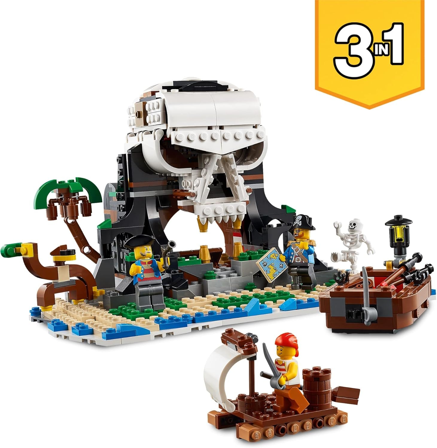 LEGO Creator 3-in-1-Piratenschiff-Set, Spielzeug mit 3 Bauoptionen, Baue eine Piraten-Taverne oder eine Totenkopf-Pirateninsel, enthält 3 Rollenspiel-Abenteuer-Minifiguren 31109 Bausätze Besuchen Sie den LEGO-Store