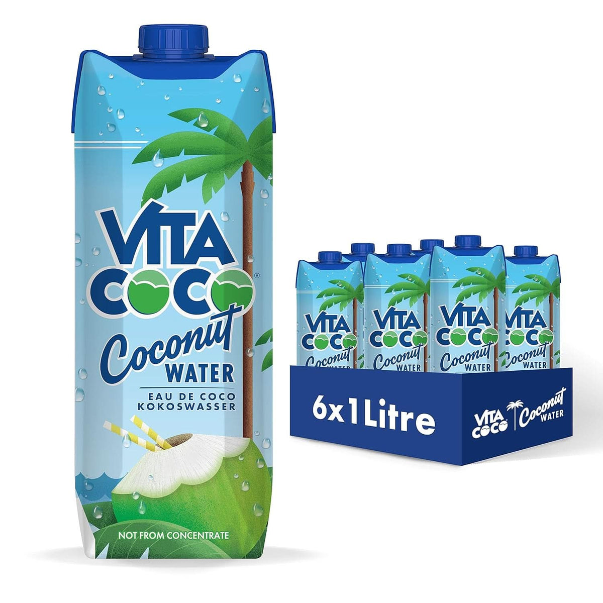 Vita Coco Pure Coconut Water 6 x 1 Liter, natürliche Feuchtigkeitscreme mit Elektrolyten, glutenfrei, voller Vitamin C und Kalium Naty Shop 6 x 1 Liter Coconut Water (Original)