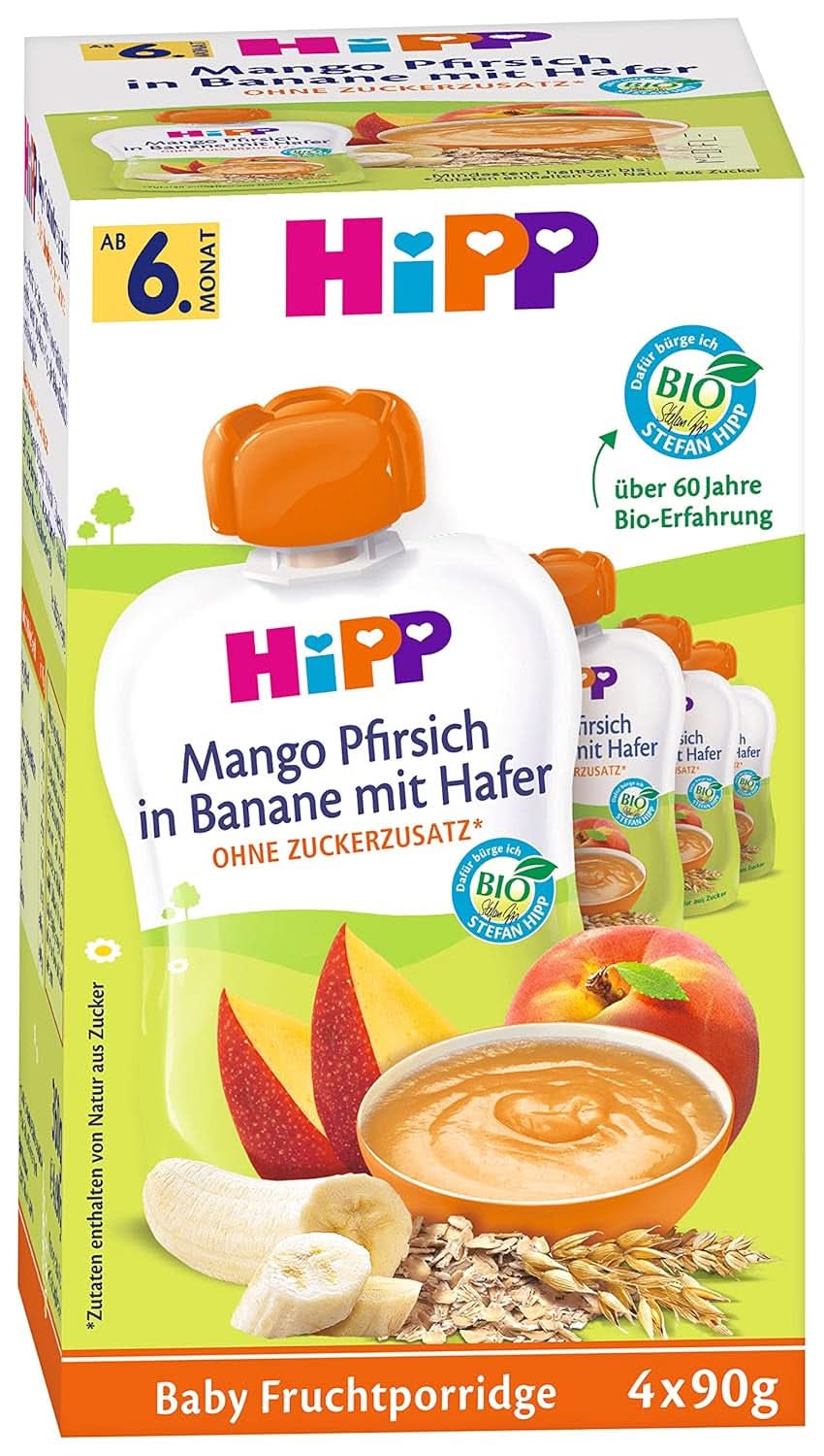 Hipp Quetschbeutel für Babys, Fruchtbrei, Pfirsich-Mango in Banane mit Hafer, 100 % Bio-Früchte ohne Zuckerzusatz, 4 x 4 Beutel à 90 g Mutter und Kind Naty Shop 16 x 90 Gramm Fruchtbrei Mango-Pfirsich in zerdrückter Banane mit Hafer