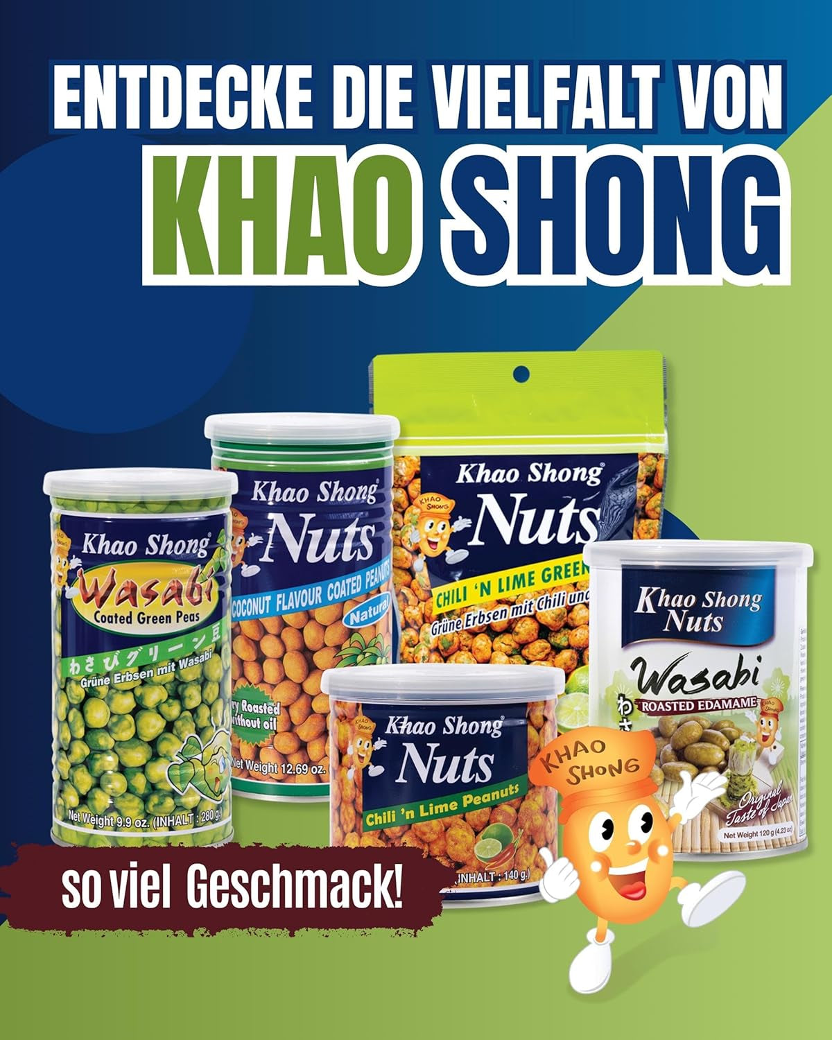 Khao Shong Gebratene grüne Erbsen mit Wasabi, knusprige Erbsen in würzigem Teig, eine fettarme Alternative zu Nüssen, mittelscharf, 1 140-g-Dose | 140 g (1 Packung)