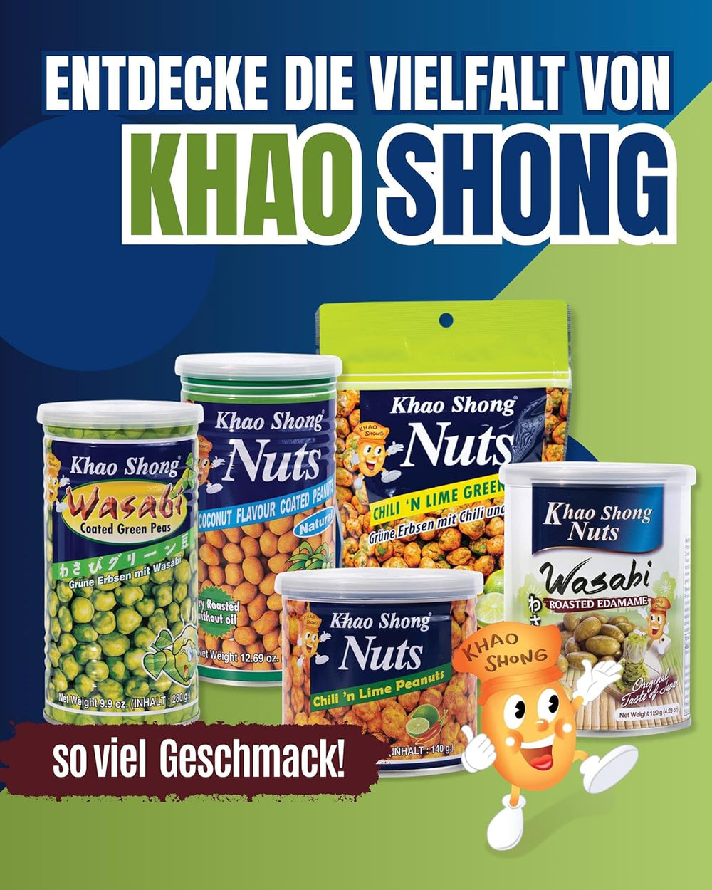 Khao Shong Gebratene grüne Erbsen mit Wasabi, knusprige Erbsen in würzigem Teig, eine fettarme Alternative zu Nüssen, mittelscharf, 1 140-g-Dose | 140 g (1 Packung)