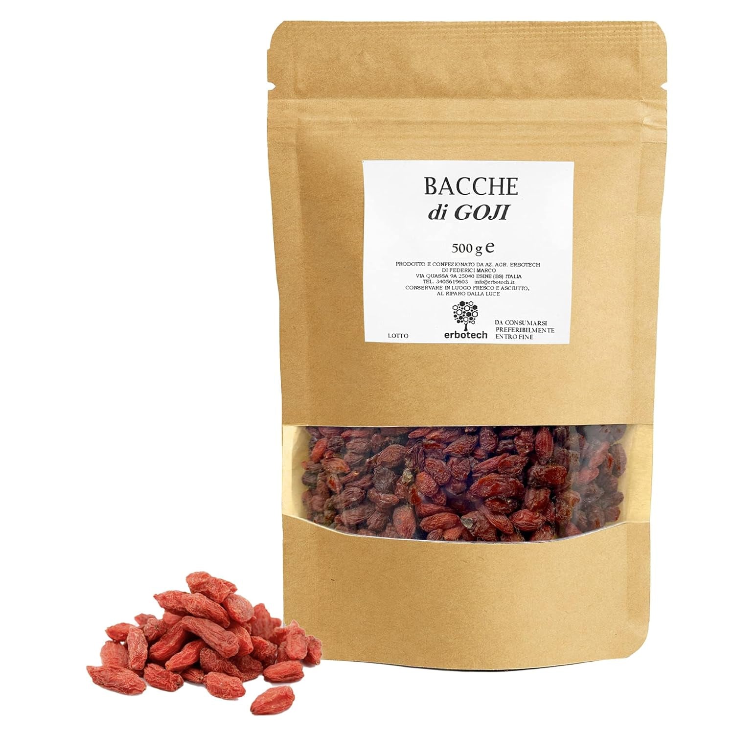 ERBOTECH Goji Berries 200 g, goji berries cu conținut ridicat de vitamine, fructe uscate fără zahăr și sulf, superalimente naturale și bogate în energie, Made in Italy Produse deshidratate Naty Shop 500 G