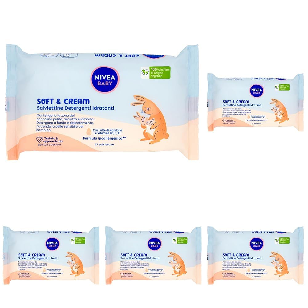 NIVEA Baby Moisturizing Cleansing Wipes Soft & Cream, 57 Stück, für saubere, trockene und hydratisierte Haut, Babytücher mit Mandelmilch und den Vitaminen B5, C und E