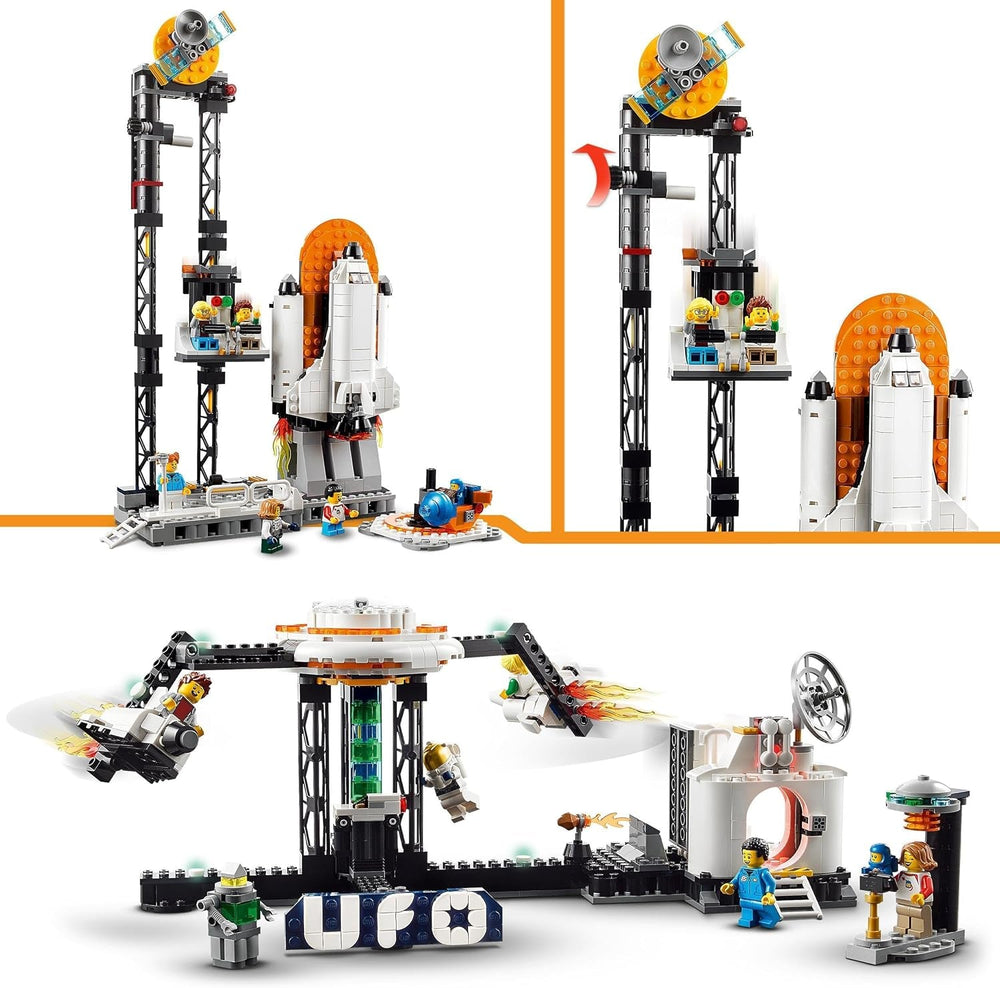 LEGO 31142 Creator 3-in-1-Weltraum-Achterbahn-Spielzeugset für Kinder mit funktionierenden Wagen, lässt sich in einen Freifallturm oder ein Karussell mit Raketen und leuchtenden Steinen umbauen. Besuchen Sie den LEGO-Store