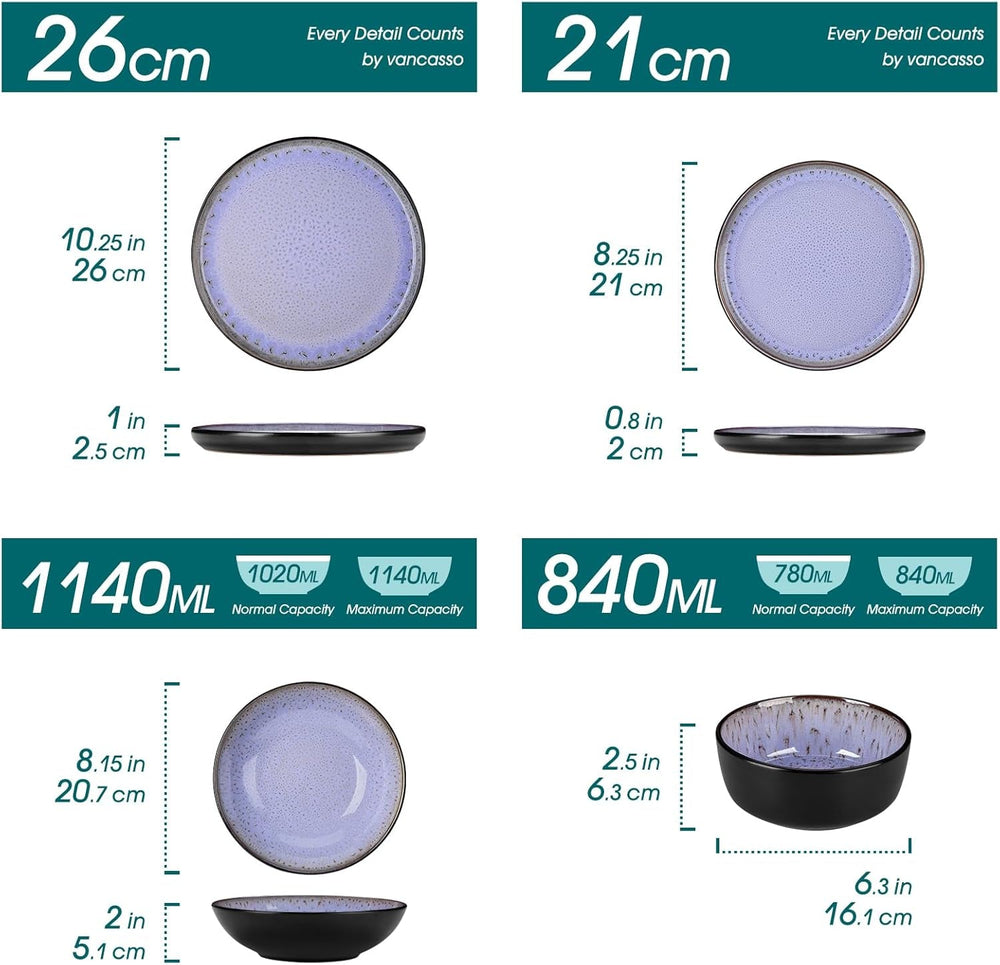 Steingut Geschirrset 6 Personen, vancasso AMBER Teller Set 6 Personen, Tafelservice 24tlg mit Speiseteller, Dessertteller, Suppenteller, Schüssel, Reaktive Glasur, Abendviolett, Spülmaschinenfest