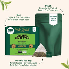 VAHDAM, ceai verde din Himalaya (100 pliculețe de ceai) 100% pur și aromat | Frunze de ceai verde natural | Vegan, fără gluten, fără lactoză | Proaspăt și direct de la sursa din India | Ceai verde