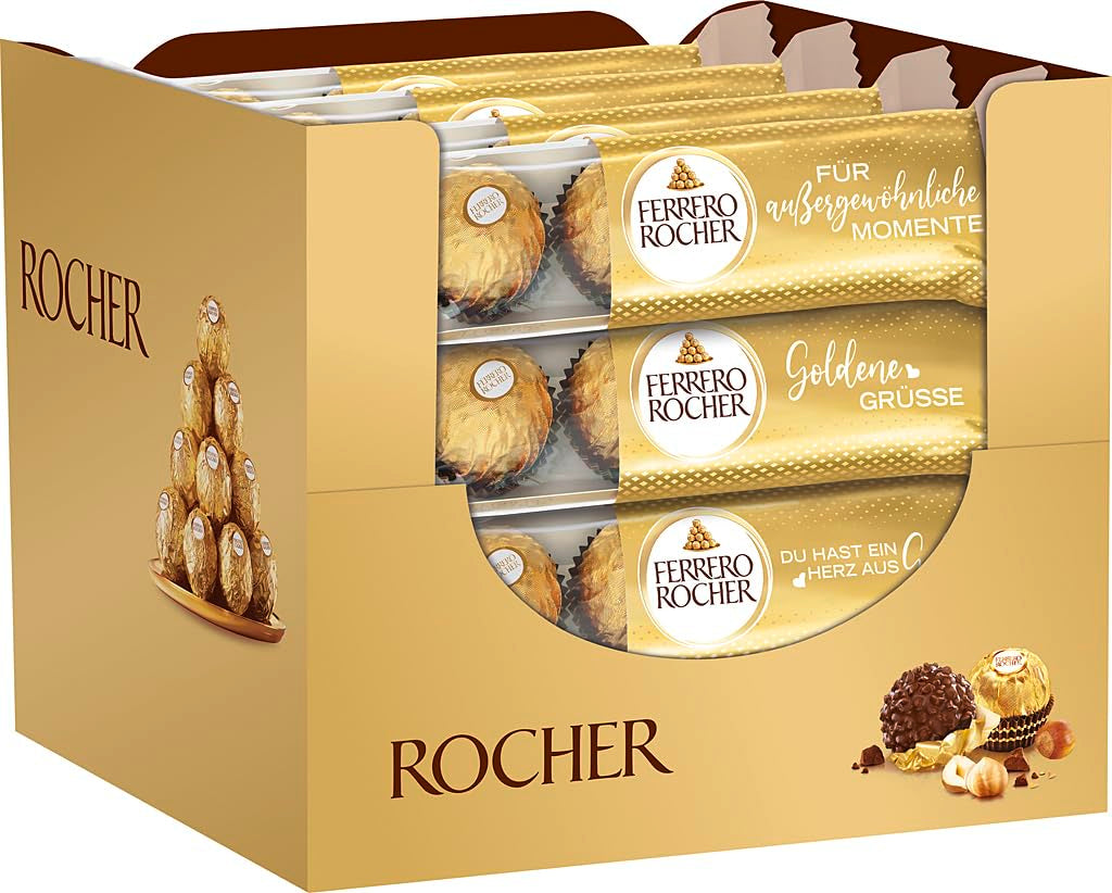 Ferrero Rocher – Knusprige und cremige Haselnuss-Spezialitäten-Pralinen – Valentinstagsgeschenk für Sie und Ihn – 16 Packungen mit 4 einzelnen Pralinen
