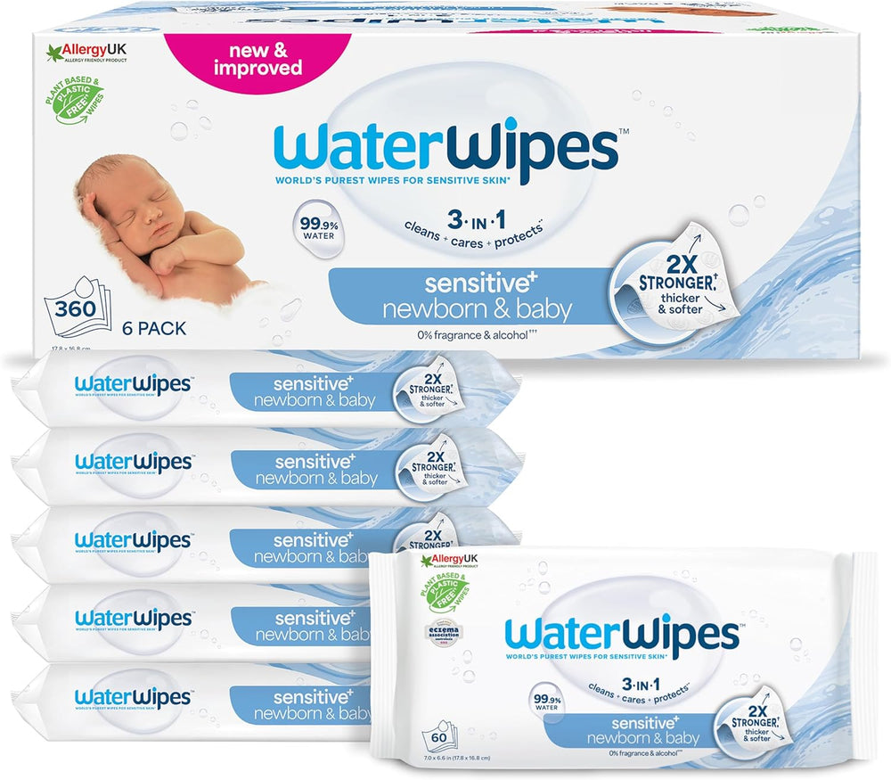 WaterWipes Sensitive+ Feuchttücher für Neugeborene und Babys, 540 Stück (9 Packungen), 3-in-1 Reinigung, Pflege, Schutz, 99,9 % Wasser, parfümfrei