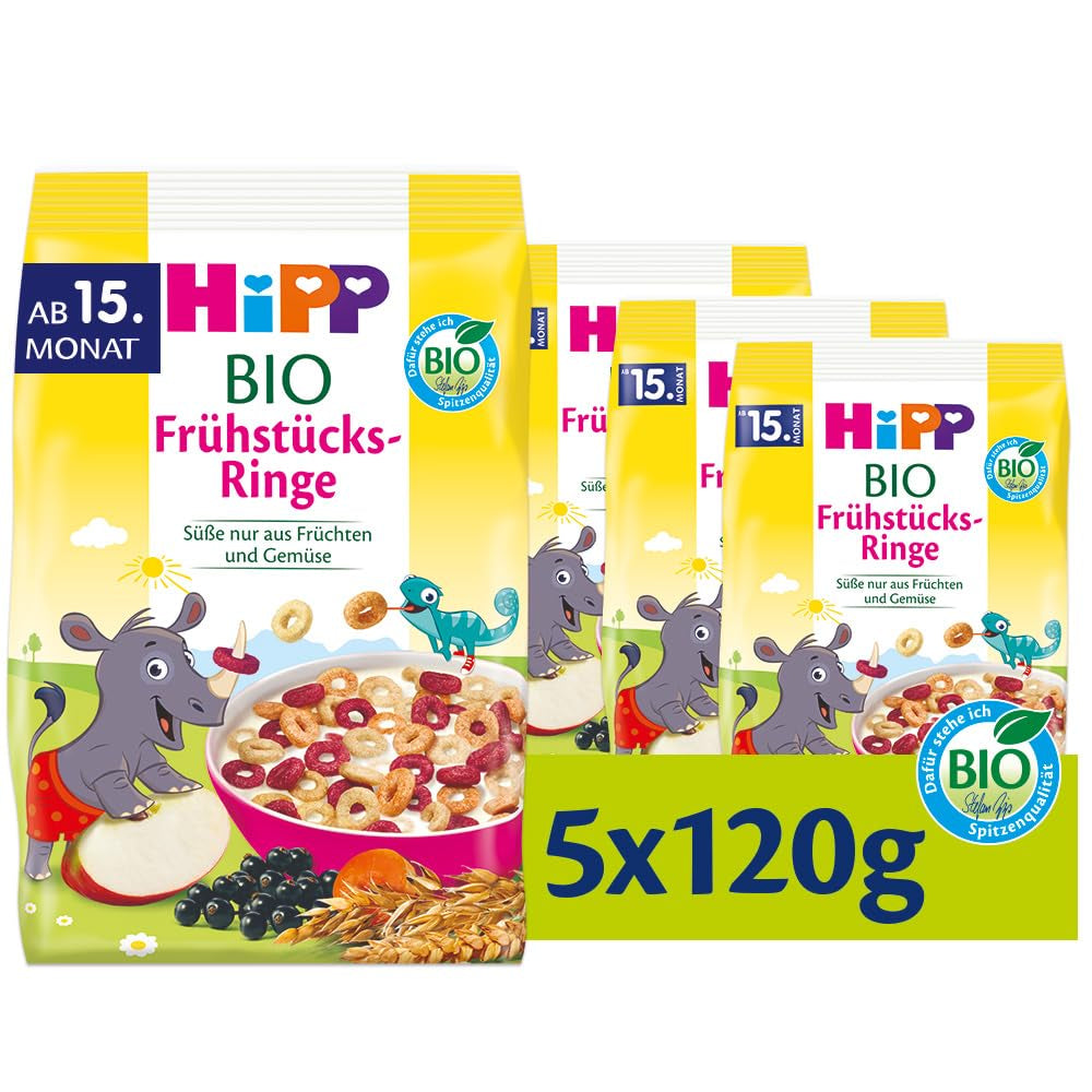 HiPP Bio-Frühstücksringe (5 x 120g), Müsli für Kinder ab 15 Monaten, nur mit Obst und Gemüse gesüßt, in bester Bio-Qualität
