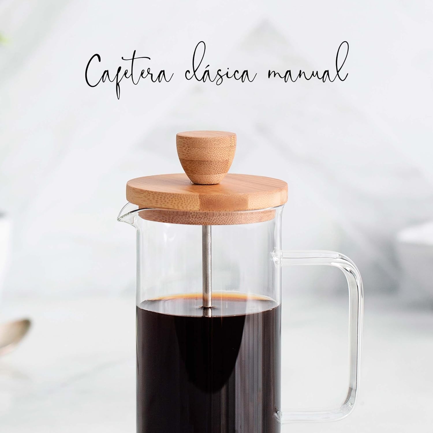 Cafetieră franceză, presă de cafea, aparat de cafea cu piston, ibric francez pentru cafea filtrată, 3 cești, 0,35 l, oțel și lemn