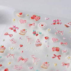 JMEOWIO 3D Nagelsticker Rosa Nail Art Sticker Selbstklebend Nagelaufkleber 5D Stereoskopisch Kuchen Erdbeerschleife Dekoration Nageldesign Zubehör 1 Blatt